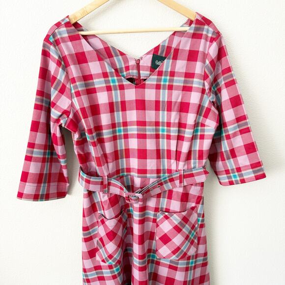 COLLECTIF LONDON x MODCLOTH | Pink Red Blue Plaid 50s 60s Fit & Flare | Sjze 12 - Picture 1 of 10